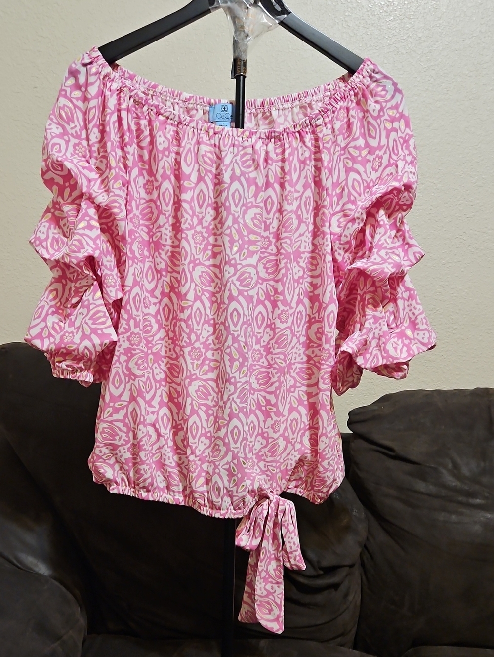 CeCe Pink And Gold Accented Printed Off-Shoulder Tie-Hem Blouse